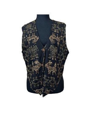 Red's Threads Vintage Black Gold-Beaded Art To Wear Rayon Vest Size S/M